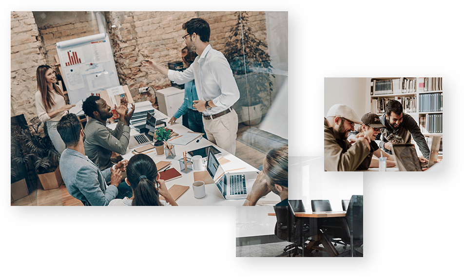 Collage of people having a meeting